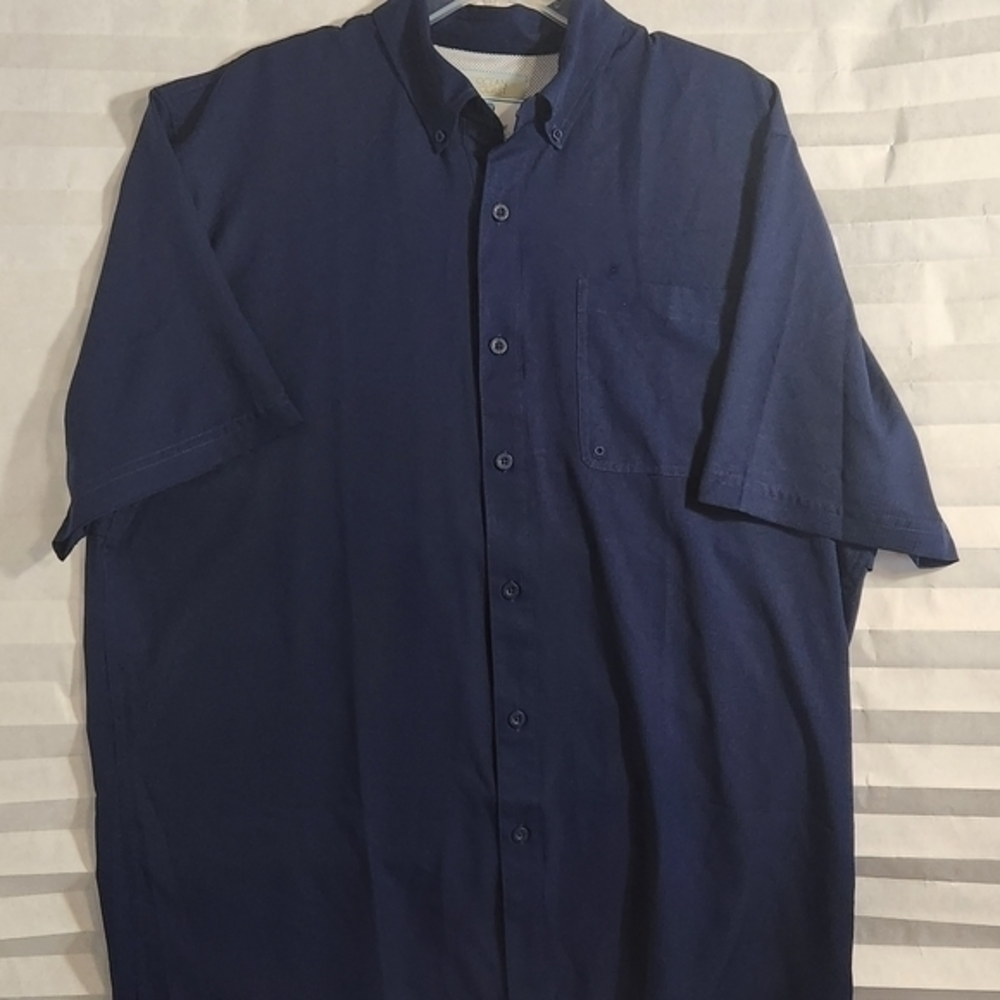 𝅺Ocean Coast L Navy Blue Button Up Vented Short Sleeve Outdoors Shirt Vented‎